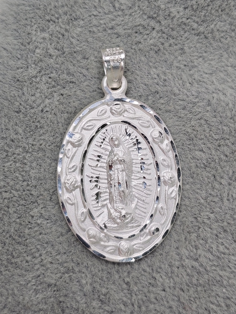 Guadalupe Virgin Oval Medal Lrg 925 Sterling Silver Pendant Charm Religious 38mm
